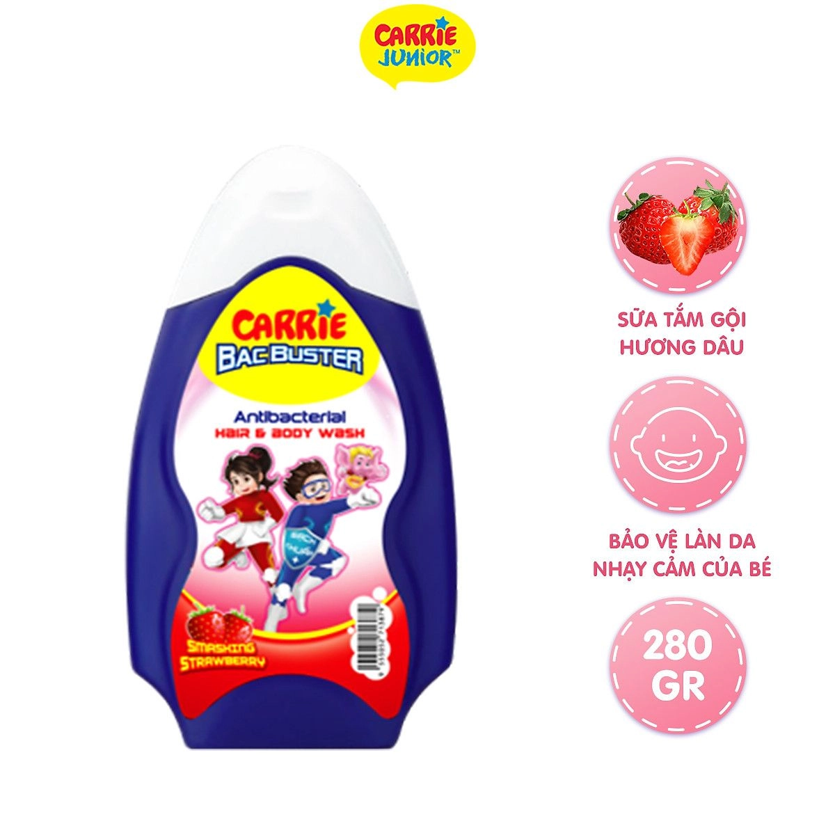 Sữa Tắm Gội Sạch Khuẩn Hương Strawberry Carrie Junior BacBuster chai 280ml