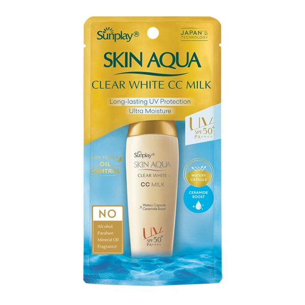 Sữa chống nắng dưỡng da tạo nền trắng mịn Sunplay Skinaqua clear white CC milk SPF50 hộp 1 tuýp 25g