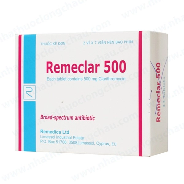 Thuốc kháng sinh Remeclar 500 hộp 2 vỉ x 7 viên