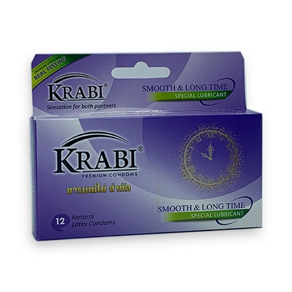 Bao cao su Krabi Smooth & Longtime trơn, kéo dài (tím) hộp 12 cái