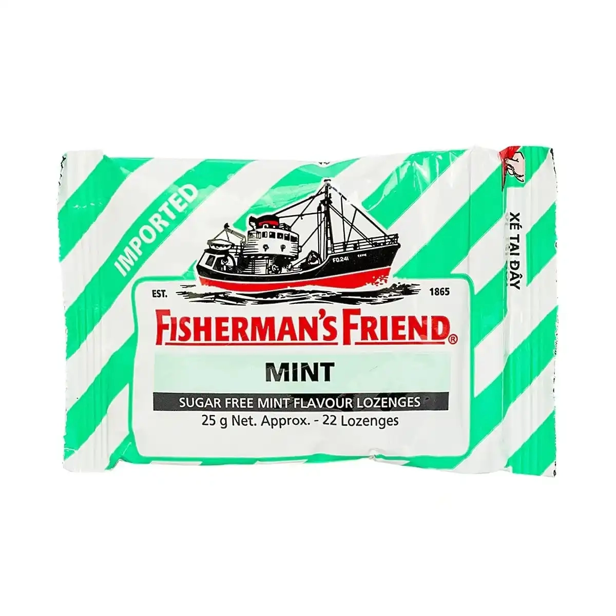 Kẹo cay con tàu (xanh lá) không đường Vị Bạc hà Fisherman's Friend  (MINT) hộp 24 gói x 25g