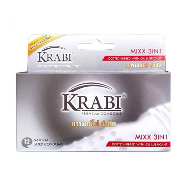 Bao cao su KRABI MIXX 3IN1 gân, gai, gel bôi trơn (xám) hộp 12 cái