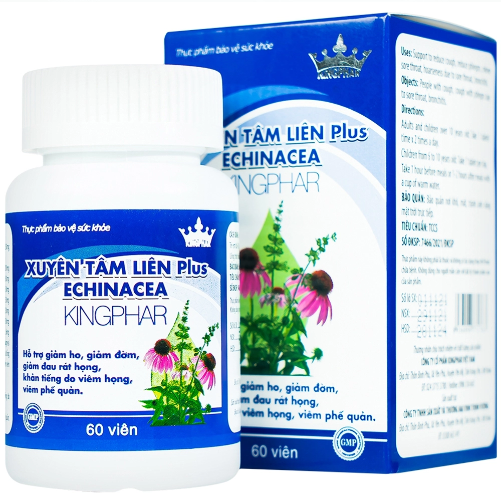 Hỗ trợ giảm ho, giảm đờm, giảm đau rát họng Xuyên Tâm Liên Plus Echinacea Kingphar hộp 60 viên