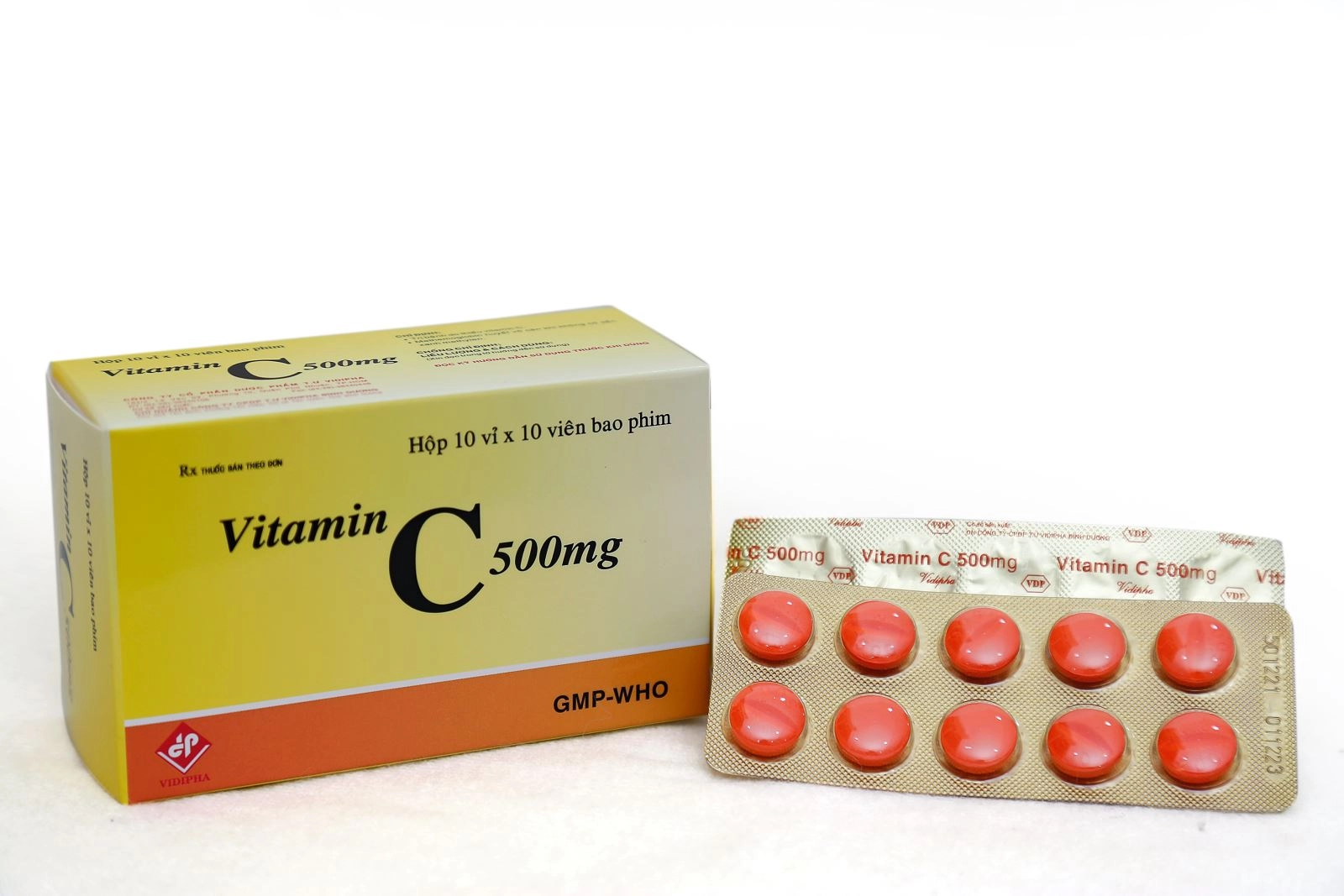 Thuốc điều trị thiếu Vitamin C 500mg VIDIPHA hộp 10 vỉ x 10 viên nén bao phim 