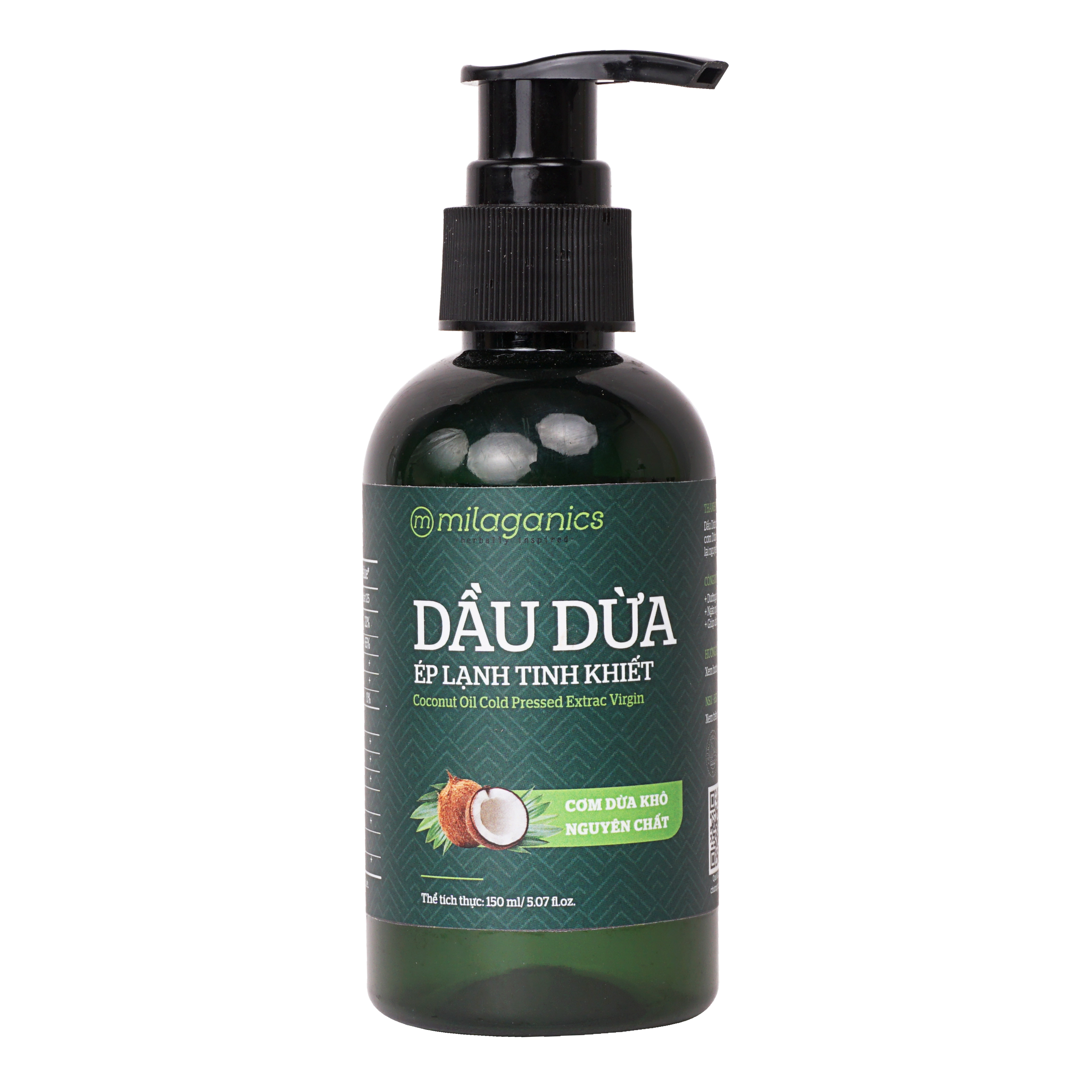 Dầu dừa ép lạnh tinh khiết Milaganics Coconut Oil Cold Pressed Extract Virgin chai 150ml