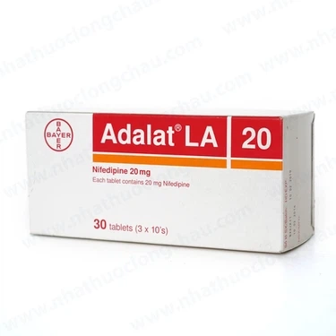 Thuốc điều trị tăng huyết áp, dự phòng cơn đau thắt ngực ổn định mạn tính Adalat LA 20 Bayer hộp 3 vỉ x 10 viên