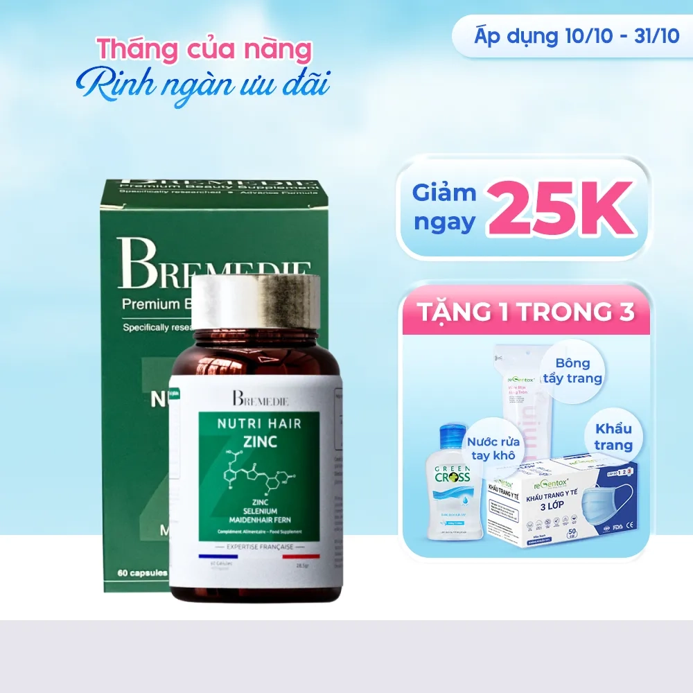 [Giảm 25k + quà tặng] Bổ sung dưỡng chất cho tóc Bremedie Nutri Hair ZinC hộp 60 viên