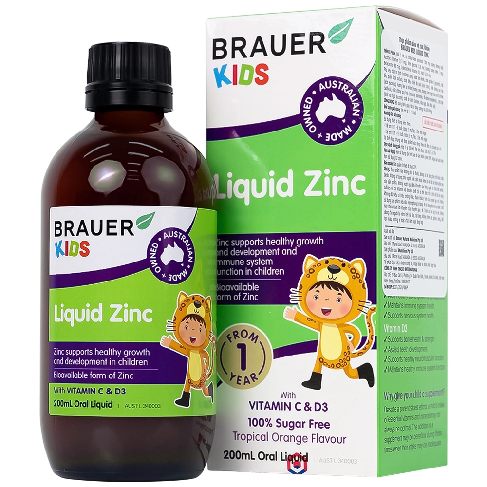 Bổ sung kẽm, tăng sức đề kháng cho trẻ siro Brauer Baby & Kids Liquid Zinc hộp x 200ml