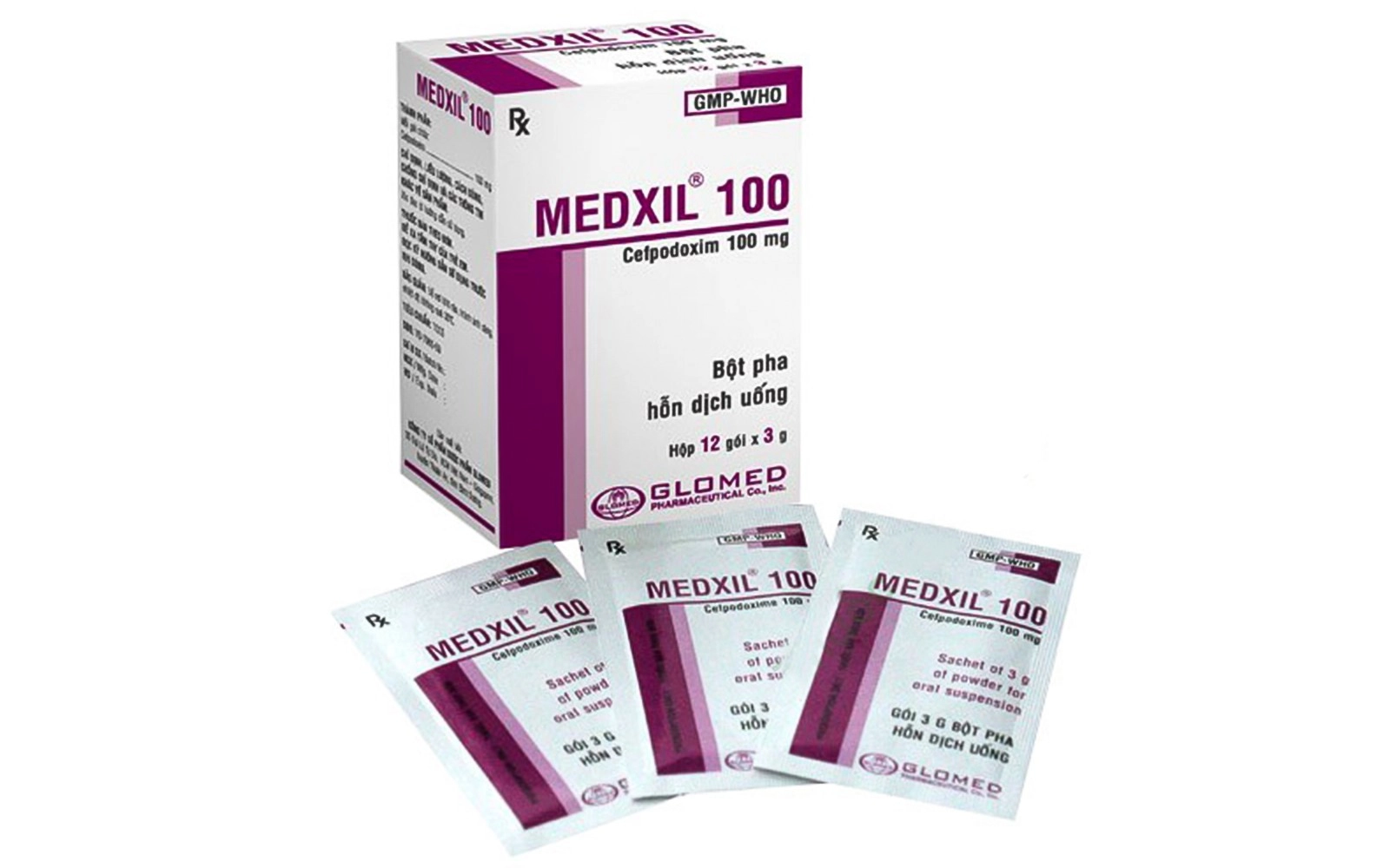 Thuốc kháng sinh Medxil 100 Glomed hộp 12 gói x 1.5g
