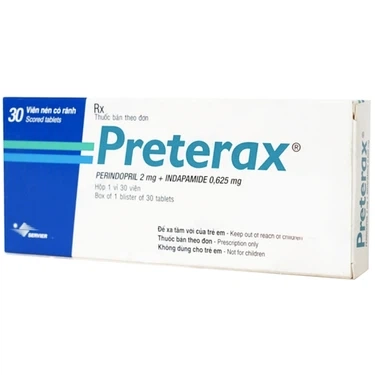 Thuốc điều trị tăng huyết áp vô căn Preterax 2mg/0.65mg Servier hộp 1 vỉ x 30 viên