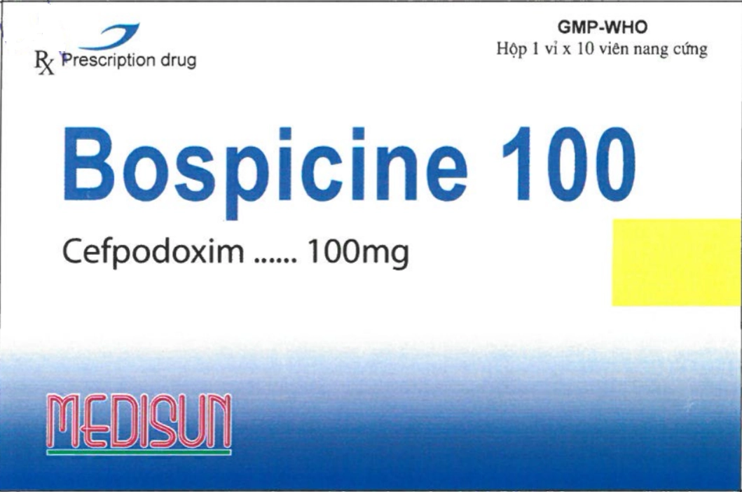 Thuốc kháng sinh Bospicine-Cefpodoxim 100mg MEDISUN hộp 1 vỉ x 10 viên