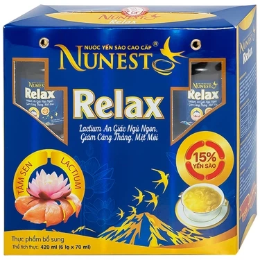 Giúp an giấc ngủ ngon, giảm căng thẳng, mệt mỏi nước Yến Sào Cao Cấp Nunest 15% Relax hộp 6 hũ x 70ml