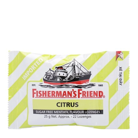 Kẹo cay con tàu (màu vàng) không đường Vị Cam Chanh Fisherman's Friend  (CITRUS) hộp 24 gói x 25g