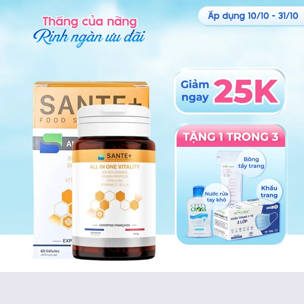 [Giảm 25k + quà tặng] Chống oxy hóa All in one vitality - Sante+ hộp 60 viên