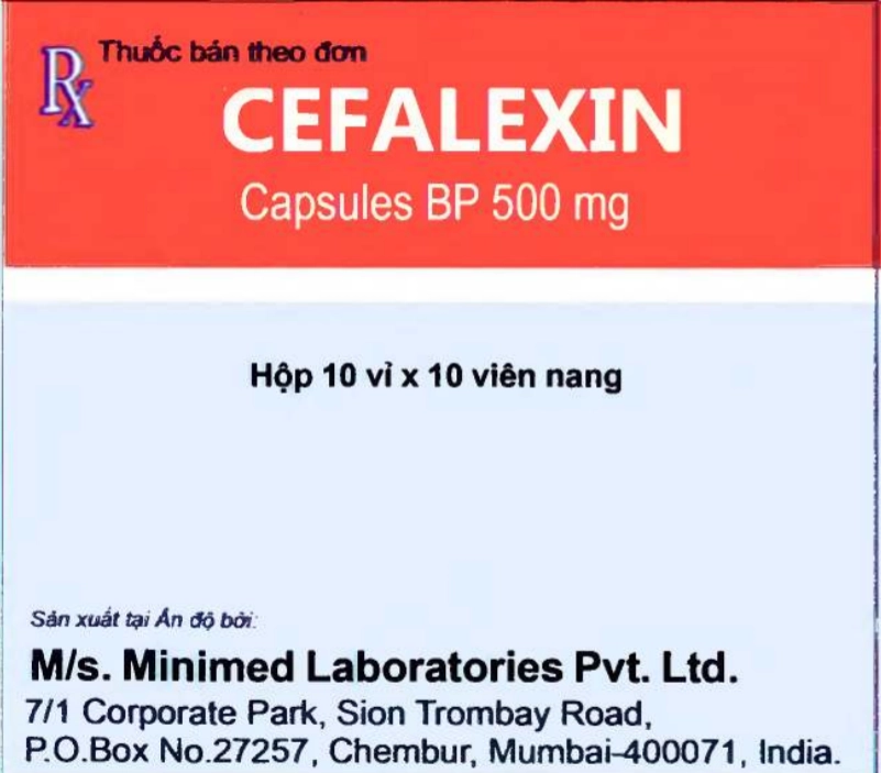 Thuốc kháng sinh CEFALEXIN CAPSULES B.P 500mg (Minimed Ấn Độ) hộp 10 vỉ x 10 viên