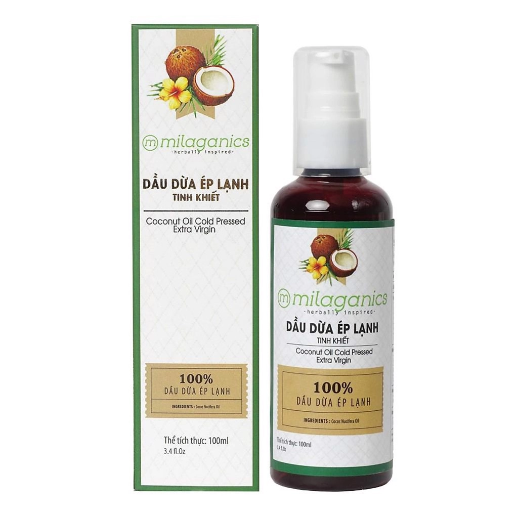 Dầu dừa ép lạnh tinh khiết Milaganics Coconut Oil Cold Pressed Extra Virgin hộp 1 chai 100ml