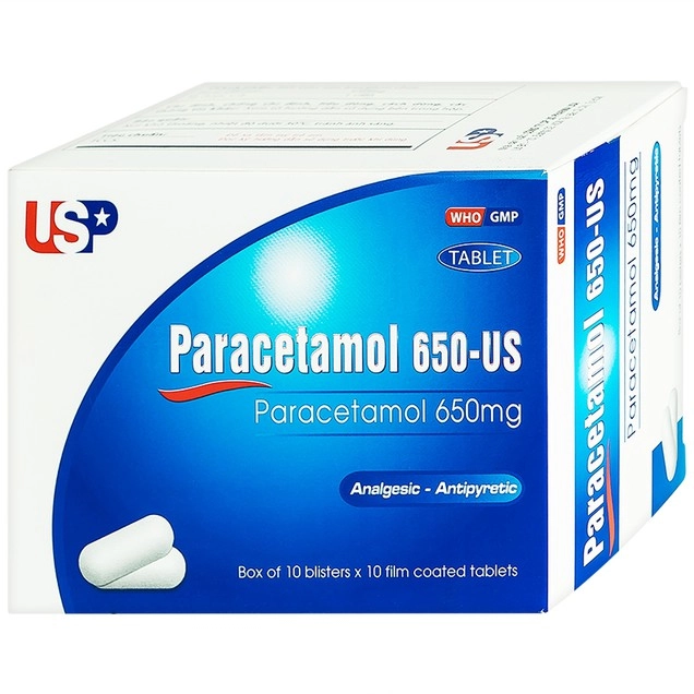 Giảm đau, hạ sốt, giảm chứng nhức đầu, đau răng Paracetamol 650-US hộp 10 vỉ x 10 viên