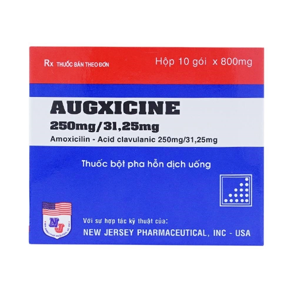 Thuốc kháng sinh Augxicine 250mg/31,25mg
 hộp 10 gói x 800mg