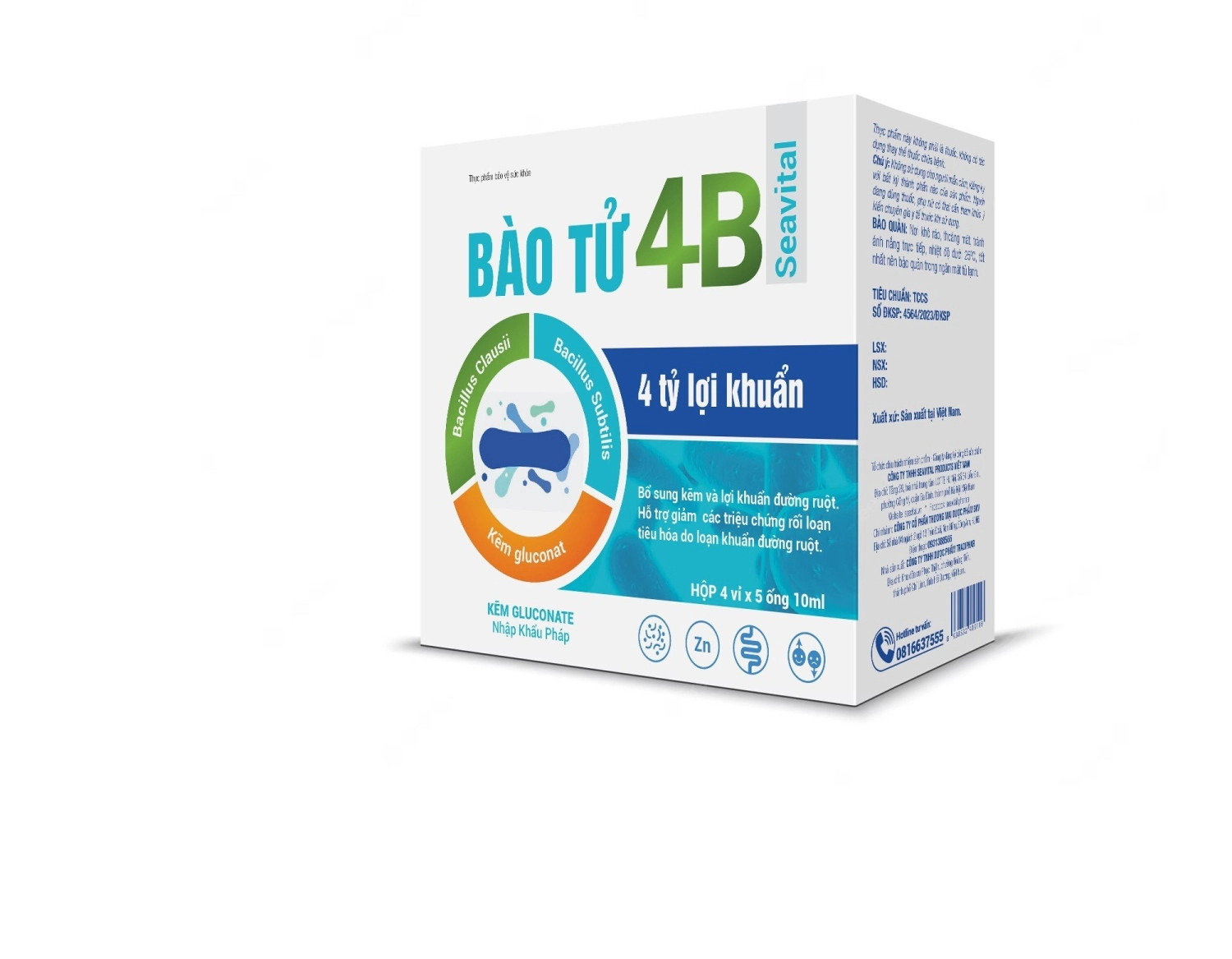 Hỗ trợ bổ sung lợi khuẩn giúp tiêu hoá tốt BÀO TỬ 4B Seavital hộp 4 vỉ x 5 ống 10ml