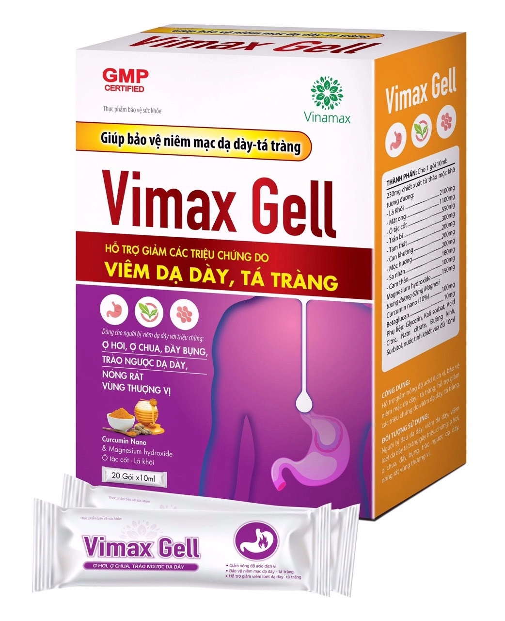 Hỗ trợ giảm triệu chứng do viêm dạ dày, tá tràng Vimax Gell hộp 20 gói x 10ml