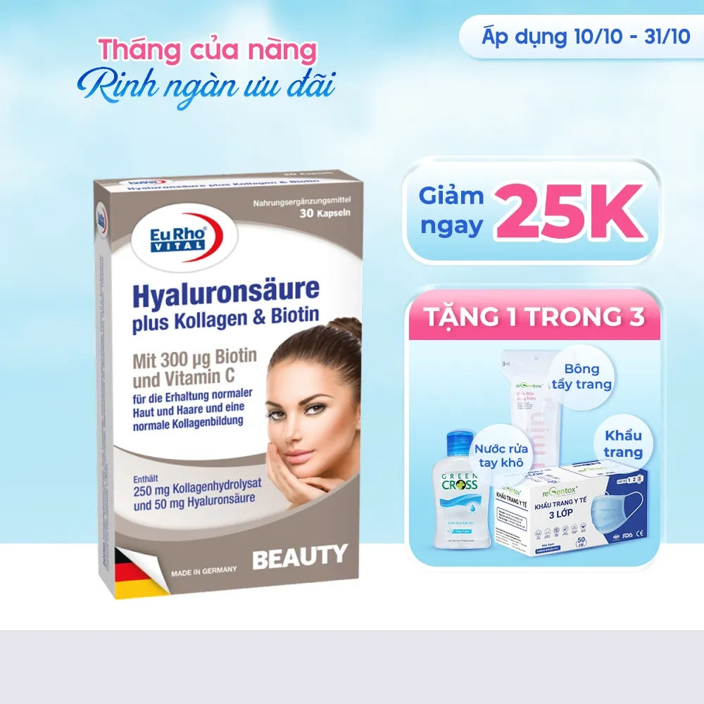 [Giảm 25k + quà tặng] Hỗ trợ chăm sóc da và tóc Vital Hyaluronsaure plus Kollagen & Biotin hộp 30 viên