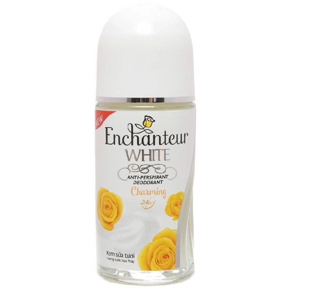 Lăn khử mùi kem sữa tươi hương nước hoa Pháp Enchanter White Ant- Perspirant Deodorant Charming 24h (vàng) chai 50ml
