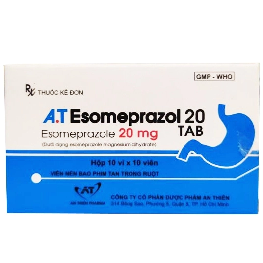 Thuốc trị viêm loét dạ dày tá tràng A.T Esomeprazol 20 TAB hộp 10 vỉ x 10 viên nén bao phim tan trong ruột