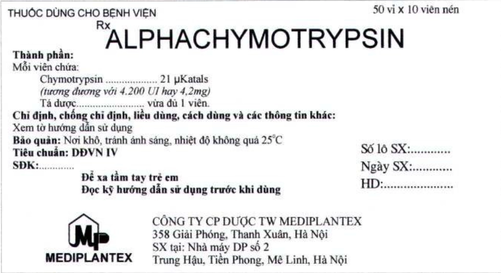Thuốc kháng viêm dạng men Alphachymotrypsin (Mediplantex) hộp 50 vỉ x 10 viên