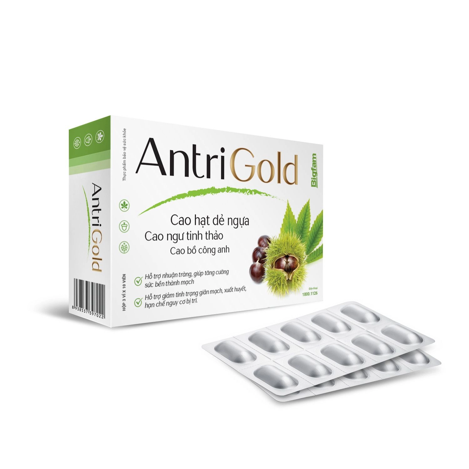 Hỗ trợ nhuận tràng, bền thành mạch Antri Gold Bigfam hộp 3 vỉ x 10 viên