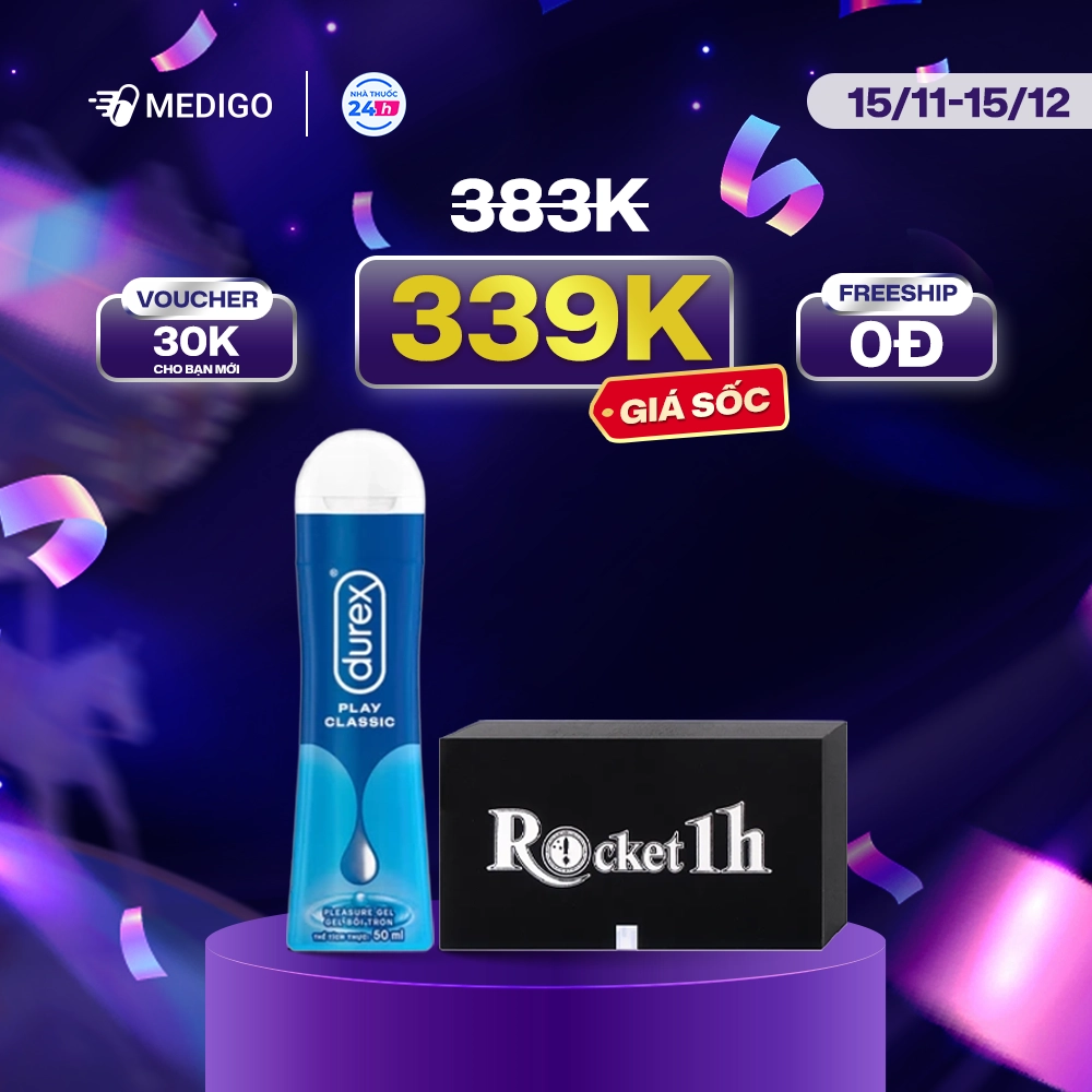 [GIẢM SỐC 45K] Combo Viên uống tăng cường sinh lý nam giới Rocket 1h hộp 6 viên + Gel bôi trơn Durex Play Classic chai 50ml