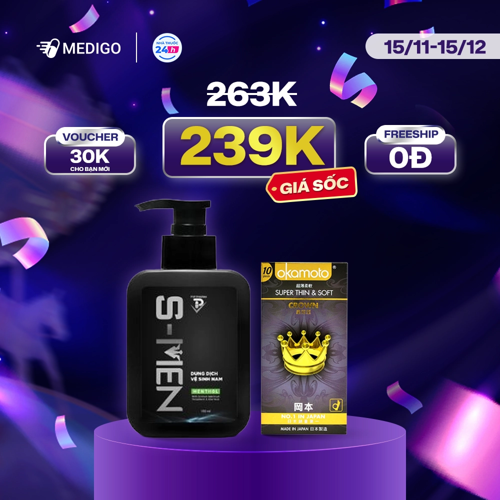 [MUA 2 GIẢM 9%] Combo Bao cao su Okamoto Crown hộp 10 cái + Dung dịch vệ sinh nam giới S-Men hộp 1 chai 150ml