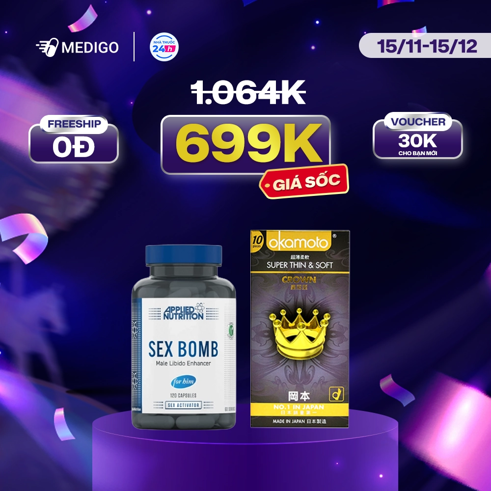 [GIẢM SỐC 365K] Combo Hỗ trợ sức khoẻ nam giới Sex Bomb lọ 120 viên + Bao cao su Okamoto Crown hộp 10 cái