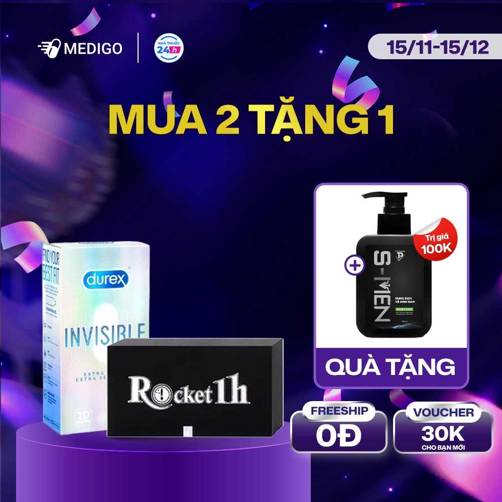 Combo Siêu Tiết Kiệm: Viên uống tăng cường sinh lý nam giới Rocket 1h hộp 6 viên + Bao cao su Durex Invisible Extra Sensitive hộp 10 cái