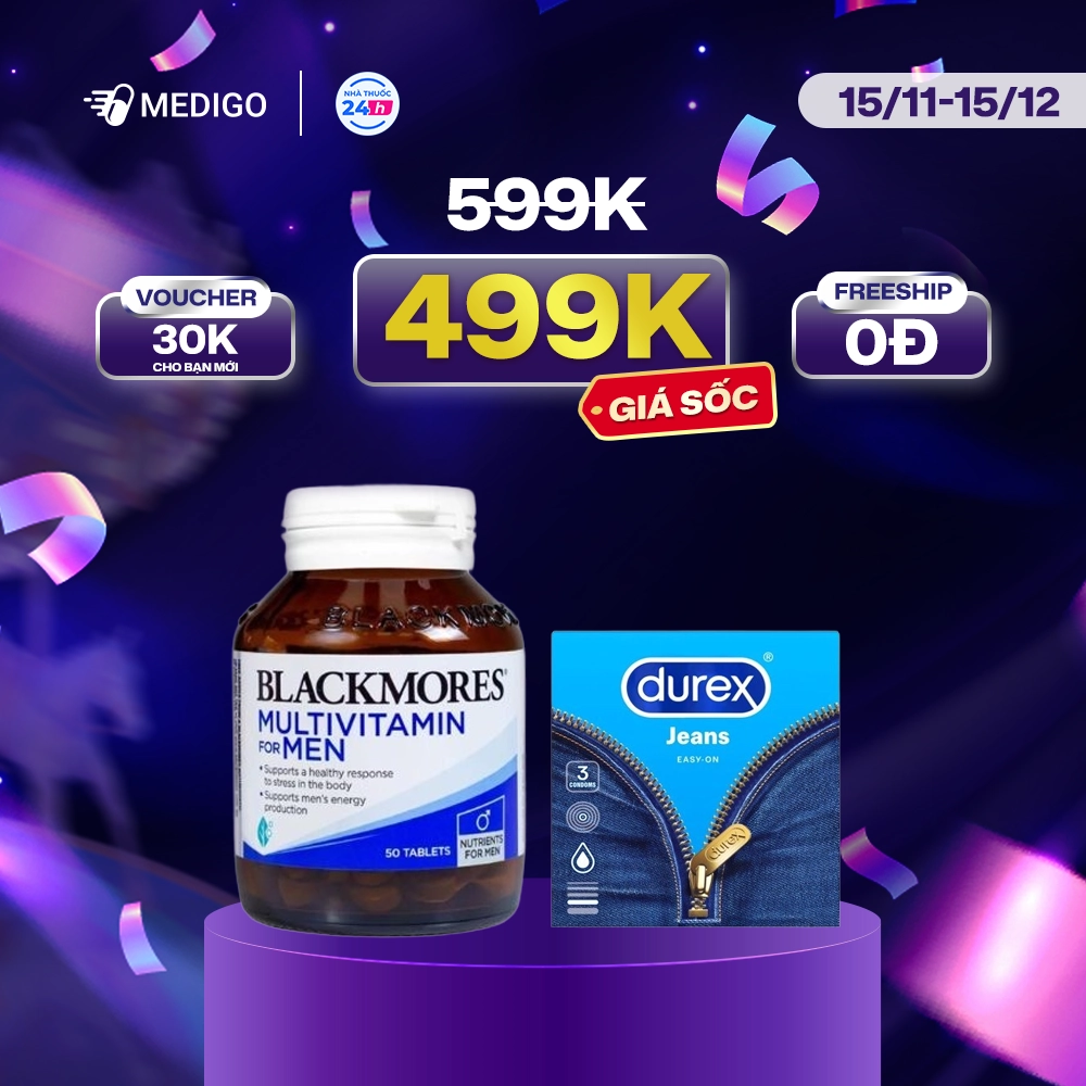[GIẢM SỐC 100K] Combo Viên tăng cường sinh lý nam Blackmores Men’s Performance Multi lọ 50 viên + Bao cao su Durex Jeans siêu mỏng hộp 3 cái