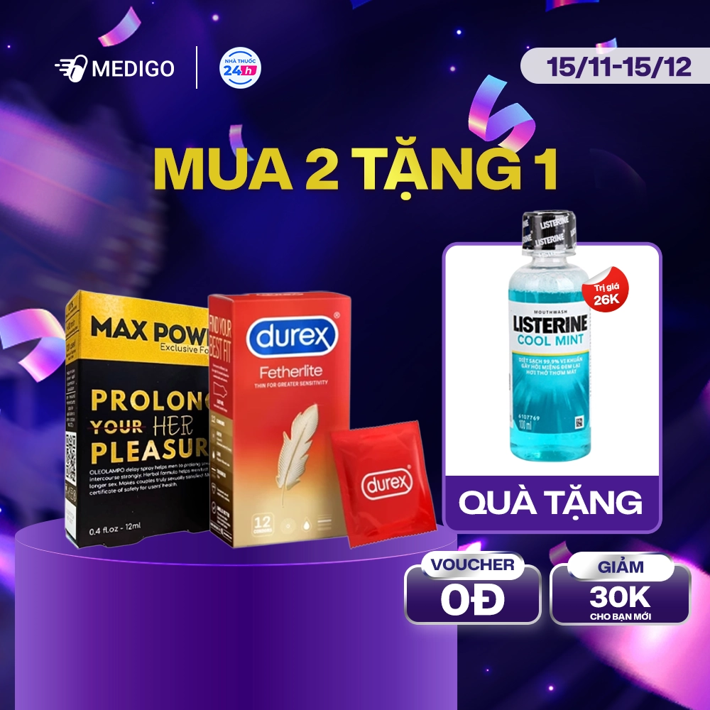 [MUA 2 TẶNG 1] Combo Chai xịt kéo dài Max Power Oleo Lampo chai 12ml + Bao cao su siêu mỏng Durex Fetherlite hộp 12 cái
