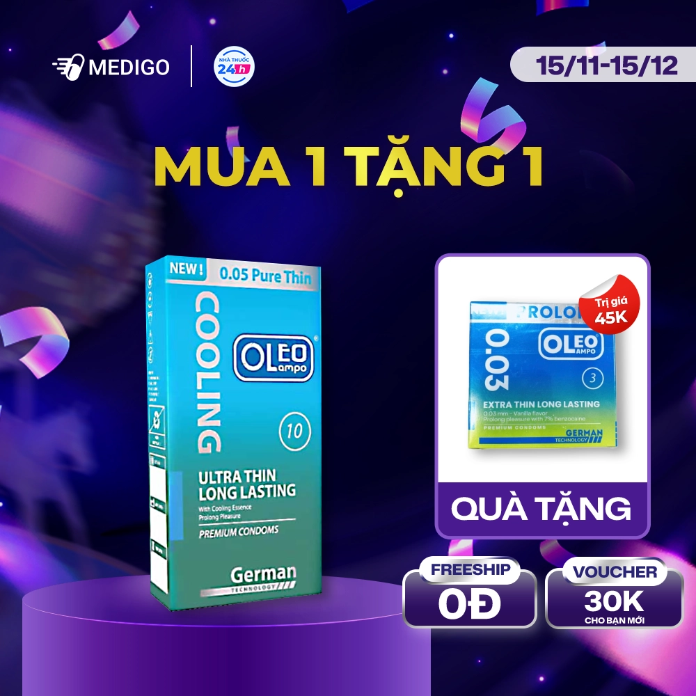 [MUA 1 TẶNG 1] Bao cao su kéo dài thời gian Oleo LamPo Cooling bạc hà mát lạnh hộp 10 cái - Tặng 1 hộp 3 cái