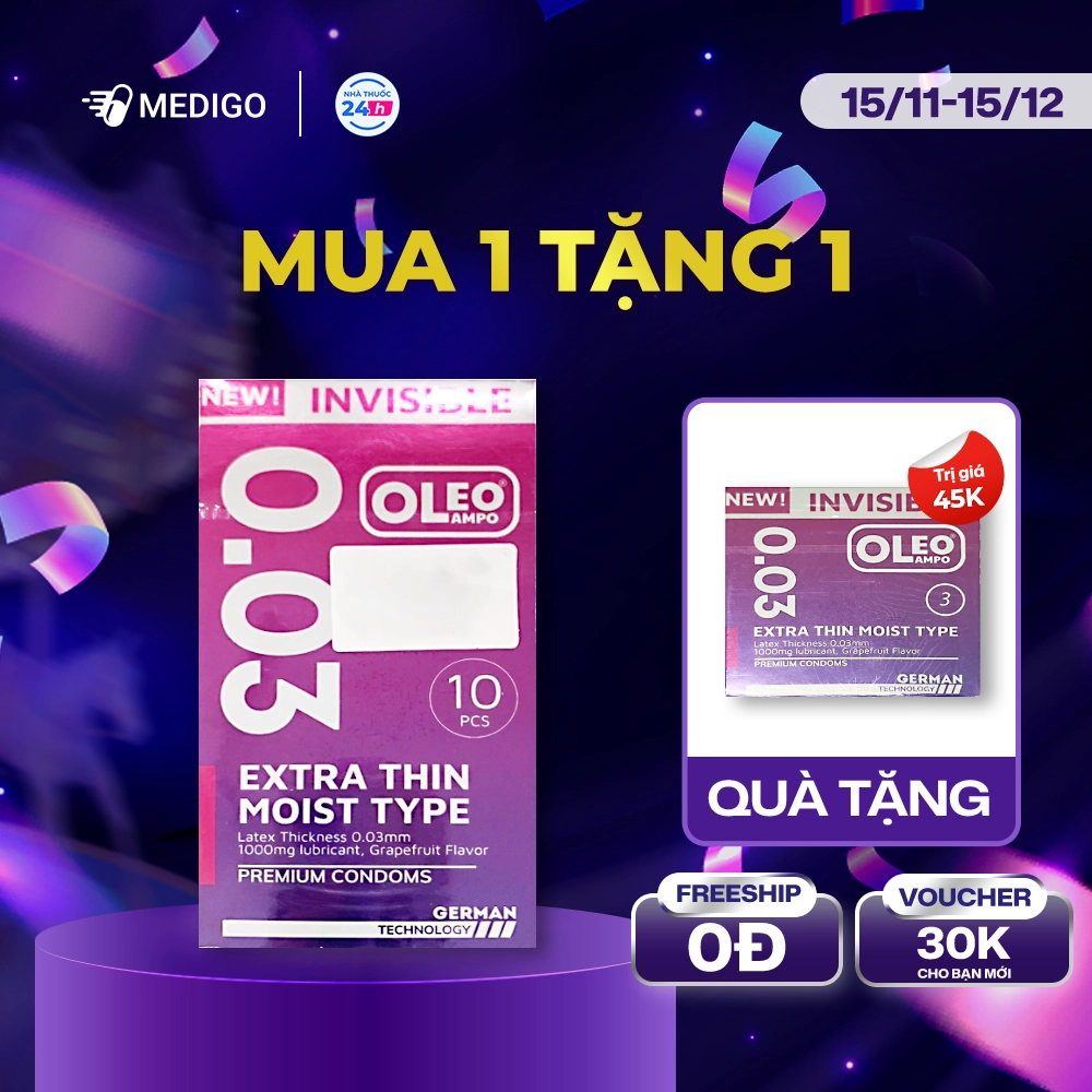 [MUA 1 TẶNG 1] Bao cao su siêu mỏng Oleo Invisible Extra Thin 003 hộp 10 cái - Tặng 1 hộp 3 cái
