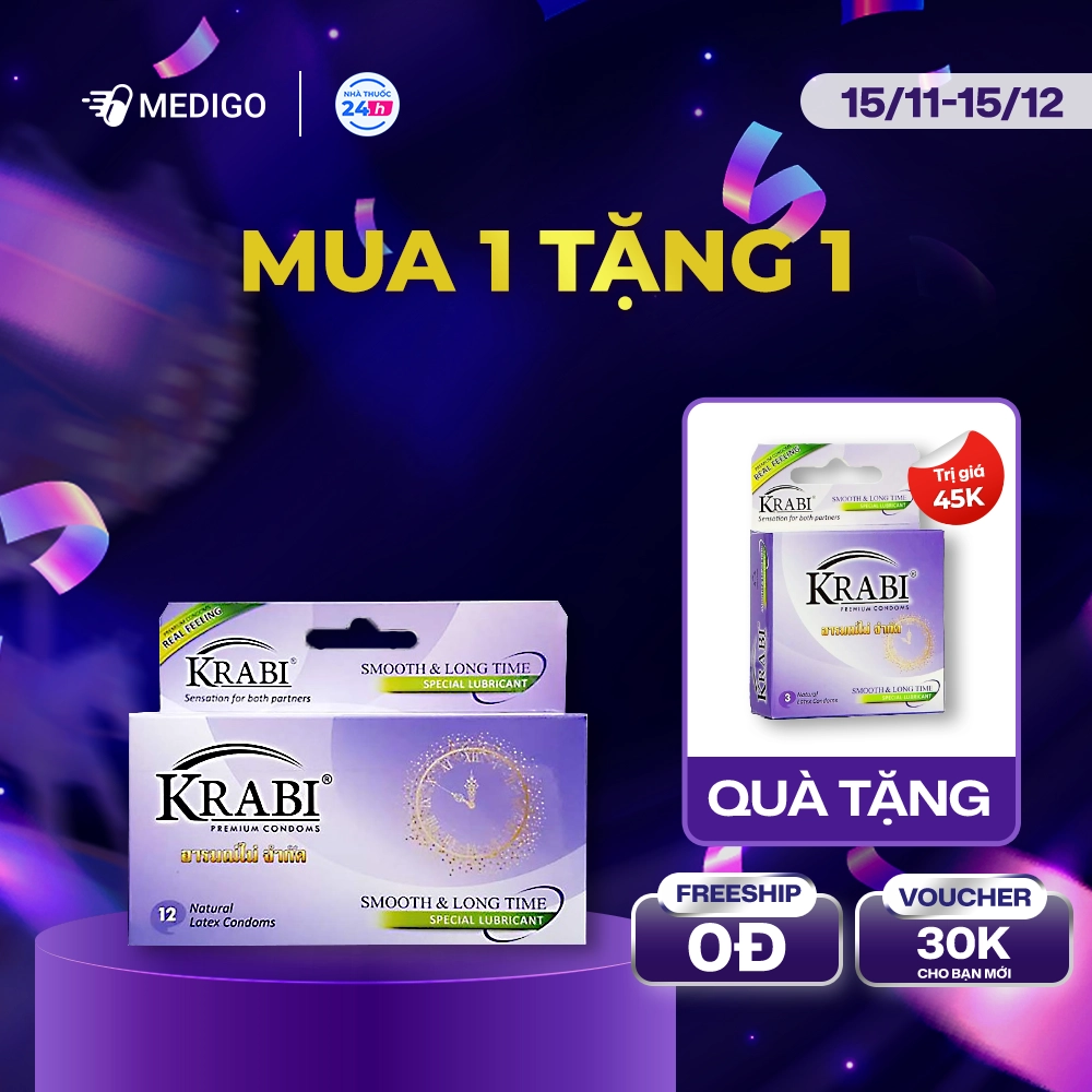 [MUA 1 TẶNG 1] Bao cao su Krabi Smooth & Longtime trơn, kéo dài (tím) hộp 12 cái - Tặng 1 hộp 3 cái