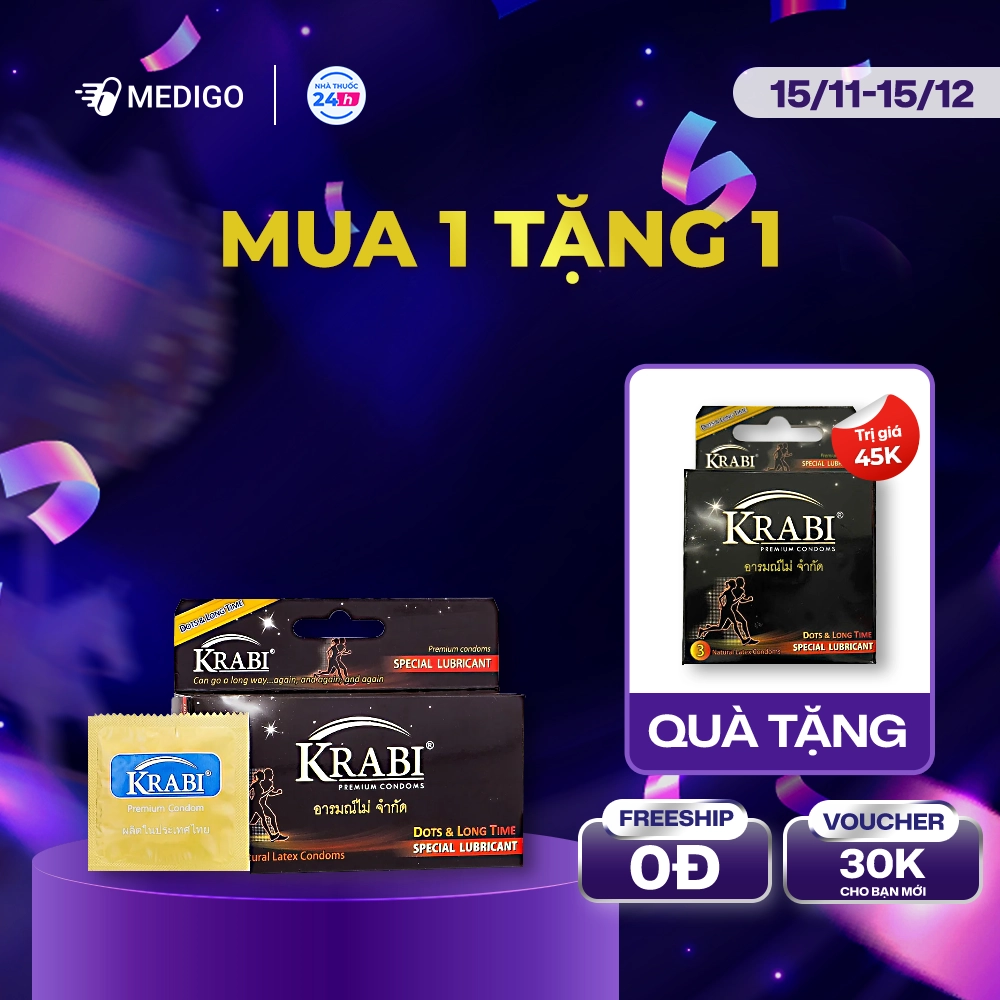 [MUA 1 TẶNG 1]Bao cao su có gai và kéo dài thời gian Krabi Dots & Long Time hộp 12 cái - Tặng 1 hộp 3 cái