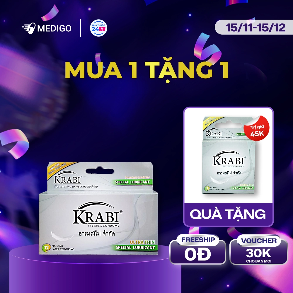 [MUA 1 TẶNG 1] Bao cao su siêu mỏng Krabi Ultrathin hộp 12 cái - Tặng 1 hộp 3 cái