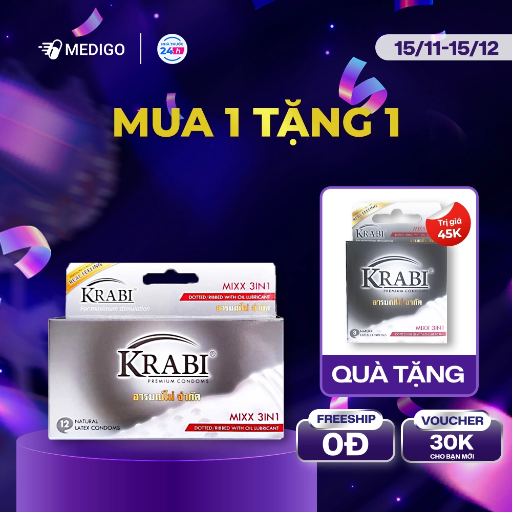 [MUA 1 TẶNG 1] Bao cao su Krabi Mixx 3in1 gân, gai, gel bôi trơn (xám) hộp 12 cái - Tặng 1 hộp 3 cái