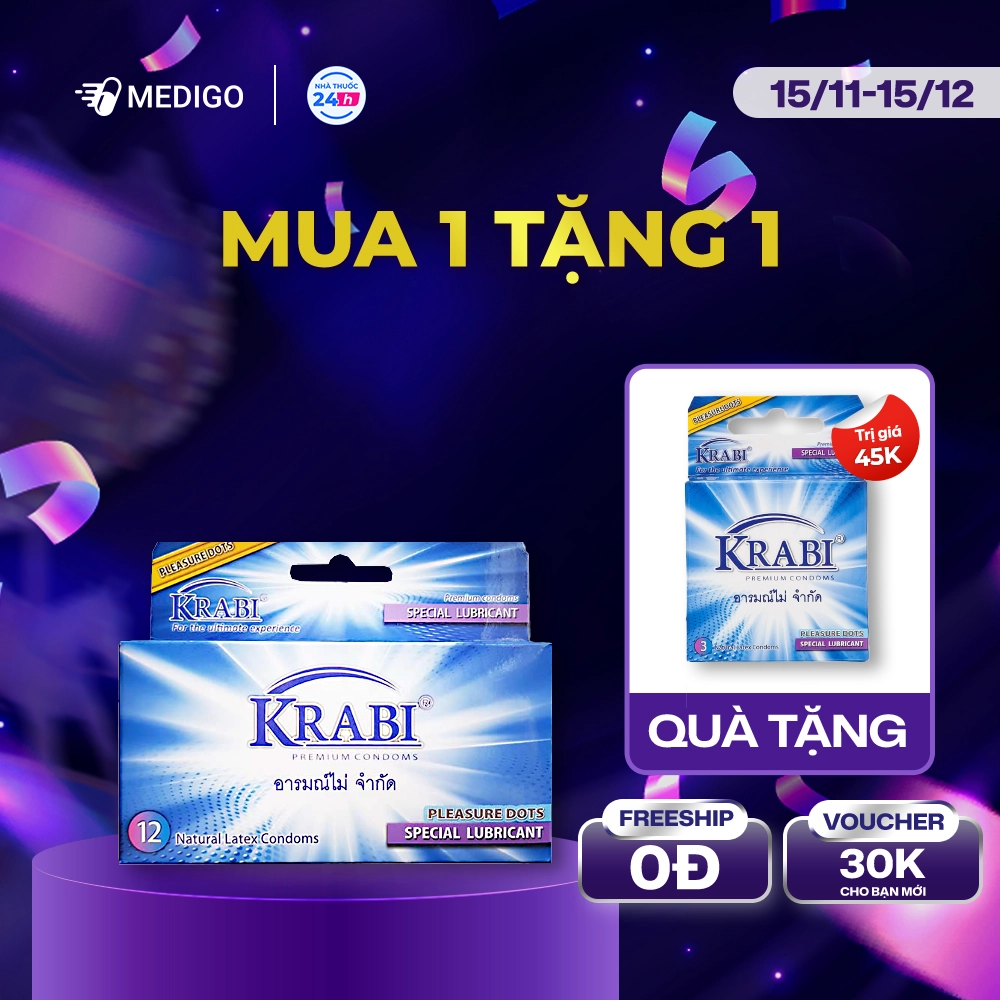 [MUA 1 TẶNG 1] Bao cao su có gai Krabi Pleasure Dots hộp 12 cái - Tặng 1 hộp 3 cái