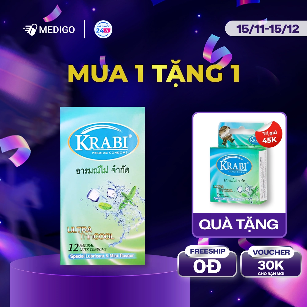 [MUA 1 TẶNG 1] Bao cao su Krabi Ultra Thin Cool siêu mỏng, hương bạc hà (xanh lá) hộp 12 cái - Tặng 1 hộp 3 cái