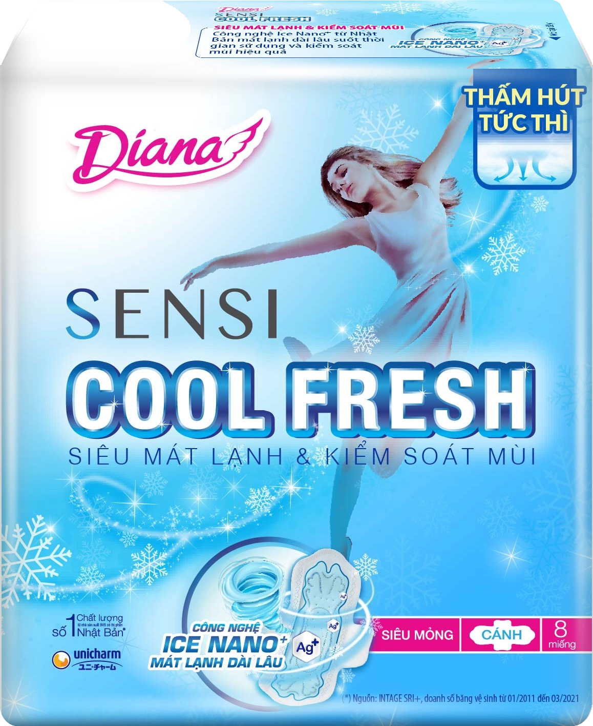 Băng vệ sinh Diana Sensi Cool Fresh (siêu mỏng, cánh) gói 8 miếng