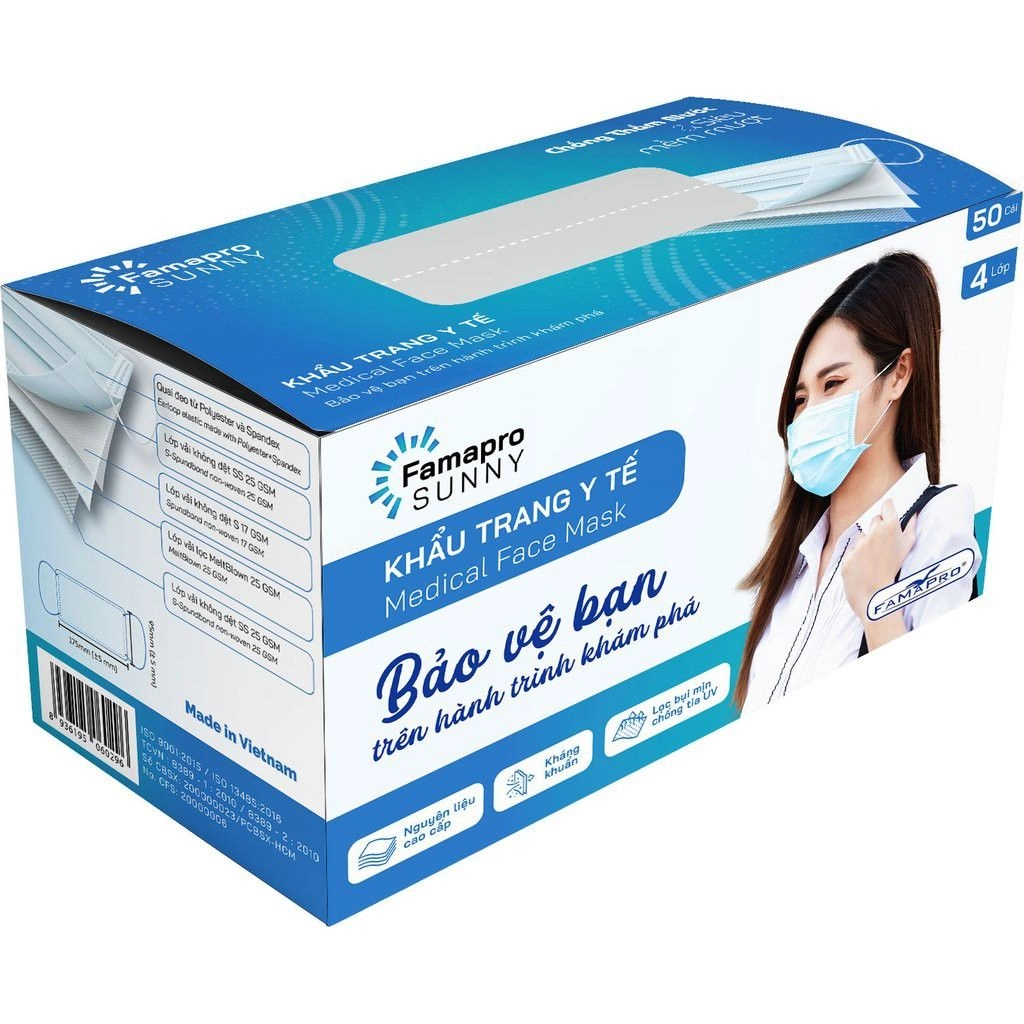 Khẩu trang y tế Famapro SUNNY (xanh biển) hộp 50 cái