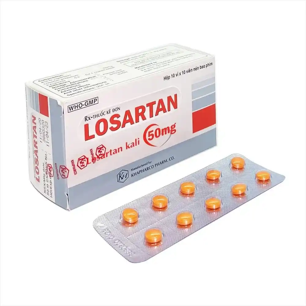 Thuốc trị tăng huyết áp Losartan 50mg Khapharco hộp 10 vỉ x 10 viên