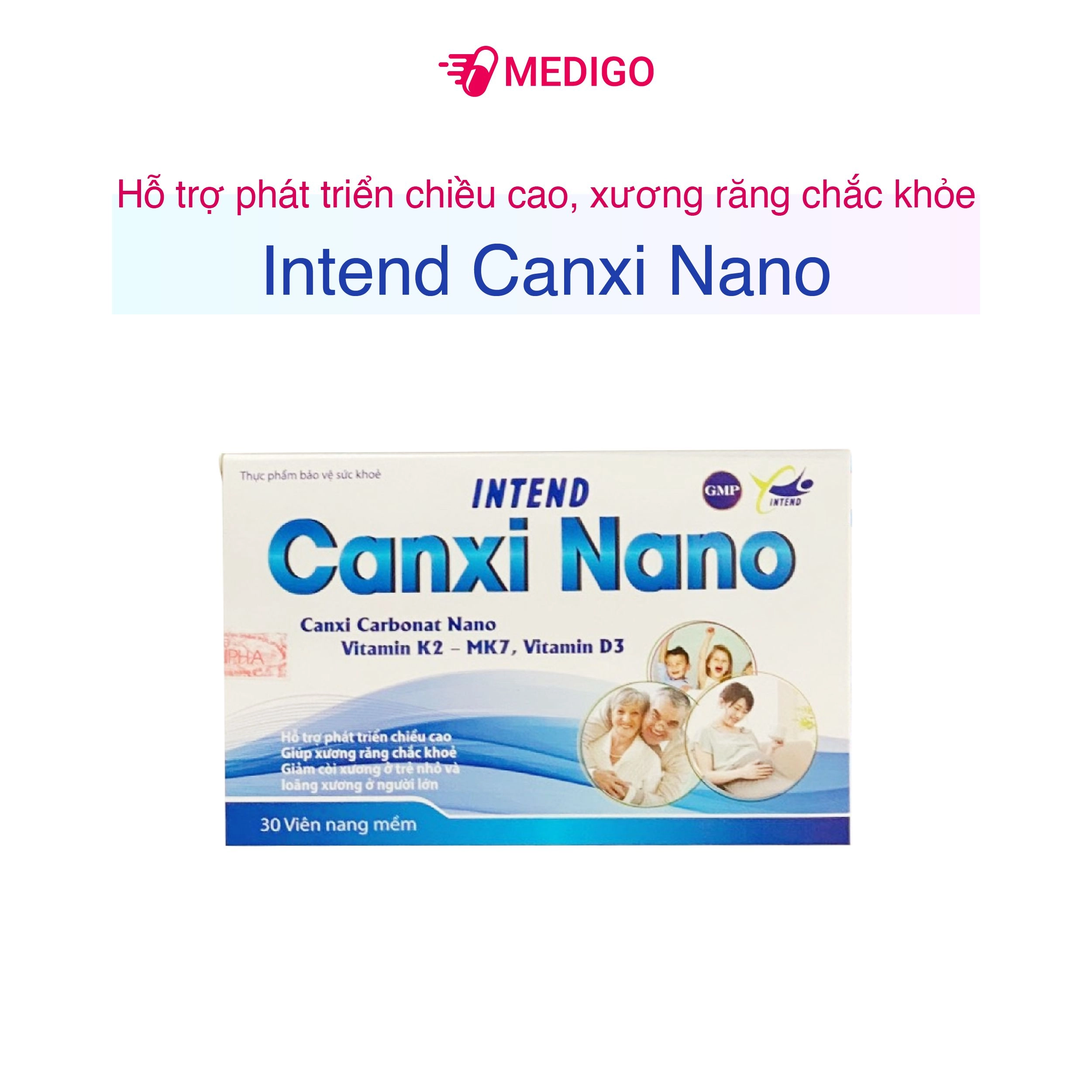 Hỗ trợ phát triển chiều cao, xương răng chắc khỏe Intend Canxi Nano hộp 3 vỉ x 10 viên