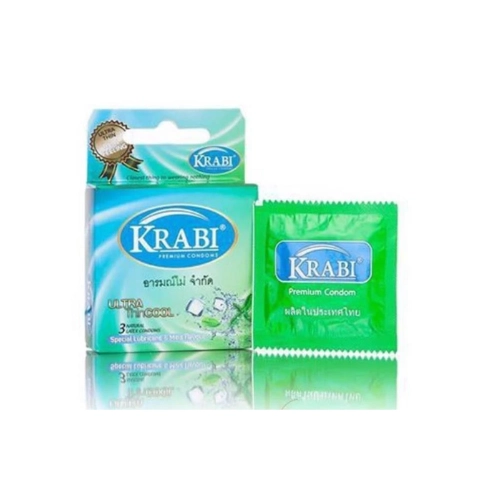 Bao cao su Krabi Ultra Thin Cool siêu mỏng, hương bạc hà (xanh lá) hộp 3 cái