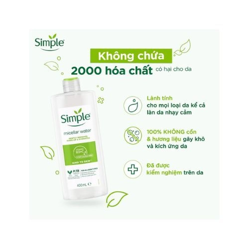 Nước tẩy trang Simple Micellar Water Gently Removes Make-Up & Hydrates chai 400ml