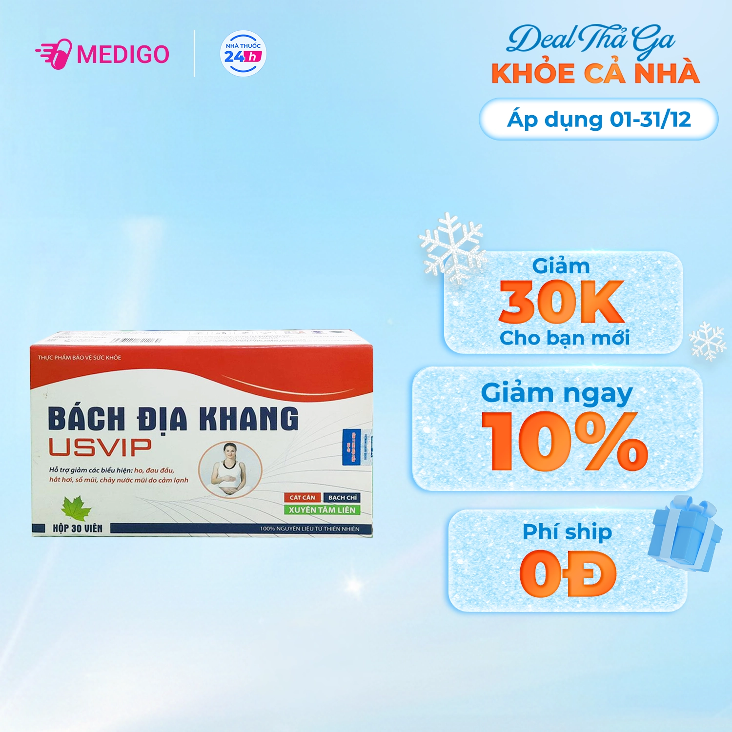 Hỗ trợ giảm các triệu chứng cảm lạnh Bách Địa Khang USVIP hộp 3 vỉ x 10 viên